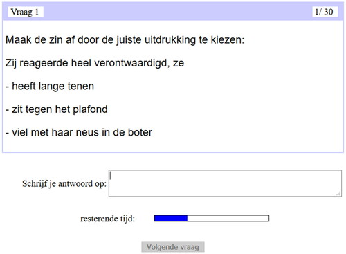 Figure A3. Screenshot of the sentence completion exercise. Participants were instructed to type in the appropriate idiomatic expression based on the prompt. English translation from top to bottom: Question 1, Complete the sentence by choosing the right idiomatic expression, Prompt (sentence) + three idiomatic expressions, Write your answer, Remaining time, Next question.