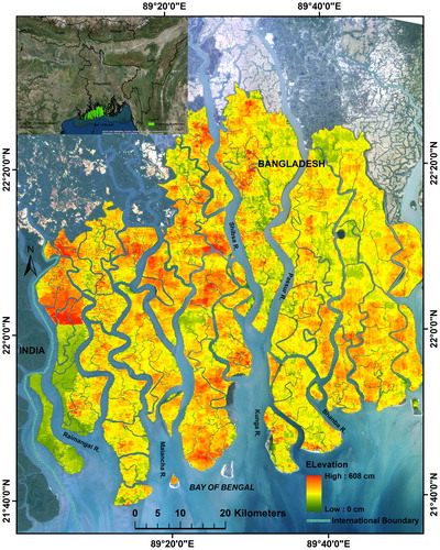Figure 1. Study area map showing the elevation for the Bangladesh Sundarbans. Source: Author.