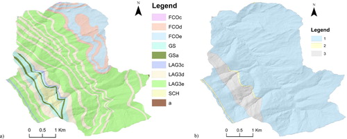 Figure 7. (a) ‘Full Coverage’ Geological Map. FCOc: Argille a Colombacci formation, arenaceous member; FCOd: Argille a Colombacci formation, arenaceous-pelitic member; FCOe: Argille a Colombacci formation, pelitic-arenaceous member; GS: Gessoso-solfifera member, GSa: clastic facies; LAG3c: Laga formation, arenaceous member; LAG3d: Laga formation, arenaceous- pelitic member; LAG3e: Laga formation, pelitic- arenaceous member; SCH: Schlier formation; a: volcano-clastic guide-level; (b) Lithotechnical Map. (1) lithotypes consisting of alternations (arenaceous-pelitic or pelitic-arenaceous); (2) mainly arenaceous lithotypes; (3) mainly clayey lithotypes.