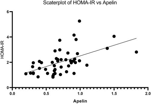 Figure 5 Correlation between insulin resistance and serum level of apelin in studied rats. The results were analyzed by Pearson correlation coefficient. N = 48.Abbreviation: HOMA-IR, homeostatic model assessment for insulin resistance.