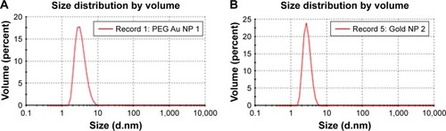 Figure 2 Gold nanoparticle sizes measured in deionized water using a Nano Zetasizer.Note: (A) PEG-coated and (B) uncoated by dynamic light scattering intensity.Abbreviations: PEG, poly-ethylene-glycol; NP, nanoparticle.