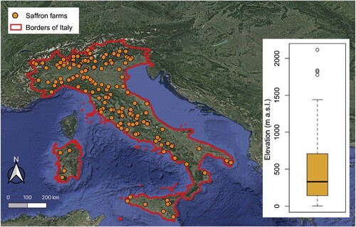 Figure 1. Map of saffron farms which participated in the survey (162) and boxplot of their elevation.