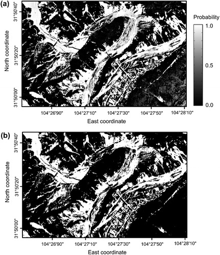 Figure 8. Binarizing results using the proposed method. (a) Probability map generated by 50-steps Monte Carlo iteration; (b) binary image using a probability threshold TP=0.8.