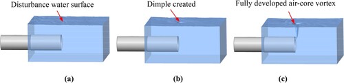 Figure 8. The free surface at the three stages during the evolution of the air-core vortex: (a) vortex inception stage, tvD/D = 134.7; (b) vortex instability stage, tvD/D = 307.8; (c) vortex stability stage, tvD/D = 1092.7.