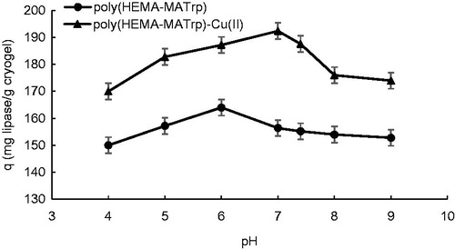 Figure 4. Effect of pH on adsorption of lipase onto poly(HEMA-MATrp) (Clipase: 1.5 mg/mL, interaction time: 40 min., temperature: 25 °C) and poly(HEMA-MATrp)-Cu(II) (Clipase: 2.0 mg/mL, interaction time: 30 min., temperature: 25 °C) cryogels.