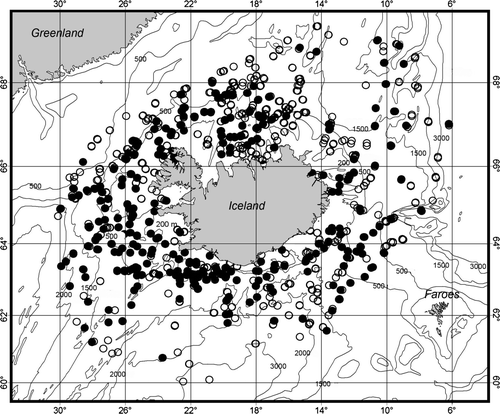 Map 1. Distribution of BIOICE stations; dots mark collecting operations yielding pectinoids, circles, no pectinoids.