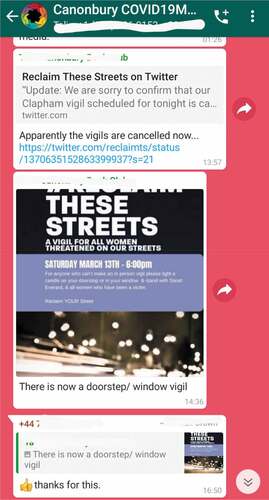 Figure 1. Screenshot of information relating to the vigil for Sarah Everard being shared on the Mutual Aid Whatsapp group..