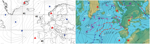 Figure A3. Comparison of detected pressure systems from the proposed solution (left) and Met Office (right). The triangles (red) indicate high-pressure systems, and the dots (blue) represent low-pressure systems. The numbers denote systems missing in our solution. Data from 2021–01-27 00:00 UTC.