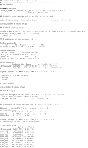 Figure A4. R command and summary model output for the random intercept model 2 (rim #2).