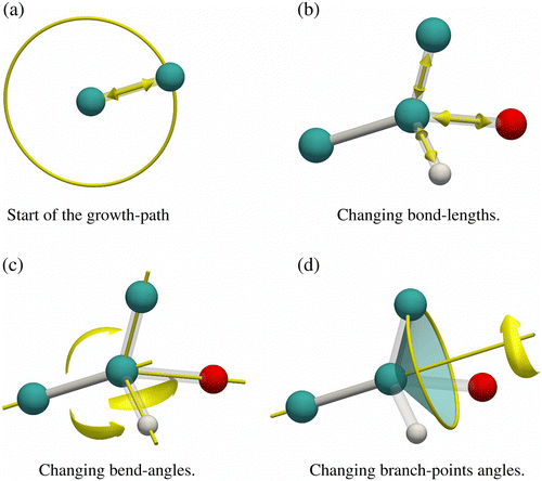 Figure 5 (Colour online) Growing (branched) molecules, (a) bonds are grown by choosing random positions on a sphere; bond lengths (b) and bend angles (c and d) between atoms of a branch are changed by an MC algorithm. The MC moves displace atoms along the bond vectors, or change the bend angle, or rotate the branch atoms around the axis of the bond that was already grown.