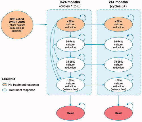 Figure 1. Model structure – treatment with VNS and ASM. ASM: anti-seizure medication; DRE: drug-resistant epilepsy; VNS: vagus nerve stimulation.