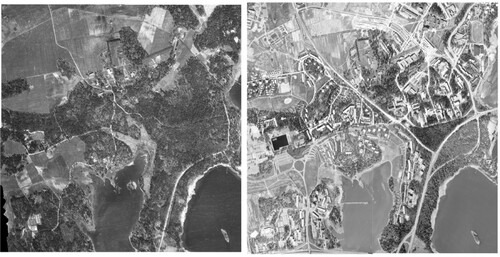 Figure 2. The evolution of Tapiola, presented in aerial photographs 1950 and 1969. Source: CitationOrtophotographs of Helsinki. City of Helsinki.