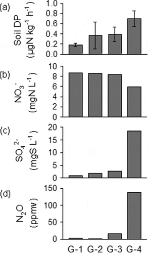Figure 7. Results of (a) soil denitrification potentials (n = 3) in a stream bank at sample site No. 15. G-1, G-2, G-3, and G-4 indicate soil samples shown in Figure 6. Results of another incubation were also shown in (b) NO3− and (c) SO42- concentrations in the solution, (d) N2O concentration in the gas phase in the incubation bottle. Another incubation was conducted 15 g soil with 10 mg N L−1 NO3− solution (50 mL) for 30 days (n = 1). The results in (b), (c) and (d) show the values after the 30 days incubation started