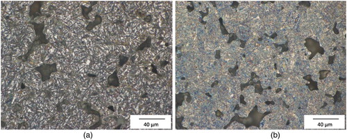 Figure 3. Microstructures of the hardened Fe–4.0Ni–0.5Mo–1.0C-steels, magnification: ×500. (a) austenitised at 800°C and quenched in water. (b) austenitised at 800°, quenched in water and cooled in liquid N2.