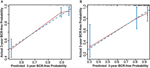 Figure 3 Calibration curve of the new model. The 45 reference line shows where perfect predictions would lie. Closed circles indicate quintiles of patients grouped according to their nomogram predicted probabilities of remaining free of BCR at 3 years after RP. Crosses represent bootstrap-corrected estimates of nomogram performance, vertical bars are 95% CIs. (A) Calibration curve of the modelling group. (B) Calibration curve of the validation group.
