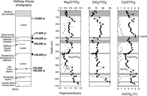 FIGURE 4 Loess stratigraphy, radiocarbon ages, selected 10Be age estimates, and possible correlations (CitationMuhs et al., 2003a) at the Halfway House section; fission-track age estimate for the Old Crow tephra is from CitationWestgate et al. (1990). Open circles are 10Be age estimates; black-filled circles are new radiocarbon ages of charcoal (see text for discussion). Also shown are plots of Na2O/TiO2, plagioclase/quartz, SiO2/TiO2, CaO/TiO2, and CaCO3 in the section. Gray shades mark paleosols.