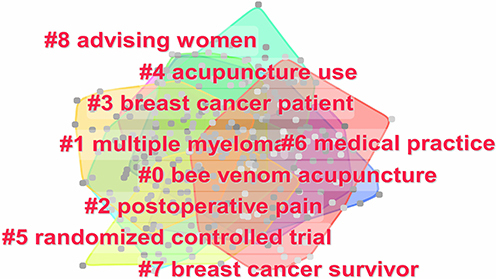 Figure 8 Cluster map of keyword cooccurrence for acupuncture therapy for cancer pain.