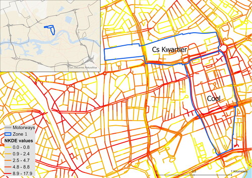 Figure 4. A zoomed-in view of NKDE results in zone 1 of the study area.