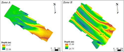 Figure 7. DBM of zones A and B of the sector G14 of the Northern Traverse of the Saint-Lawrence River. The cell resolution is 1 m. The DBM is computed considering the mean values of the soundings in each cell.