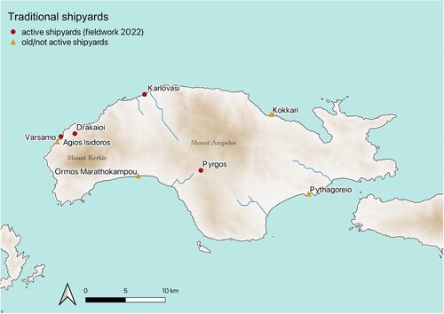 Figure 8. Map of Samos with the locations of the active shipyards and the old/not active shipyards. (Author)