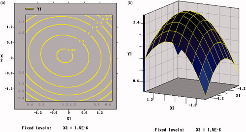 Figure 8. Contour plots and response surface of xylo-oligosaccharides (X1) and arginine (X2) for the viable counts of per unit freeze-dried powder of BB01 (Y2).