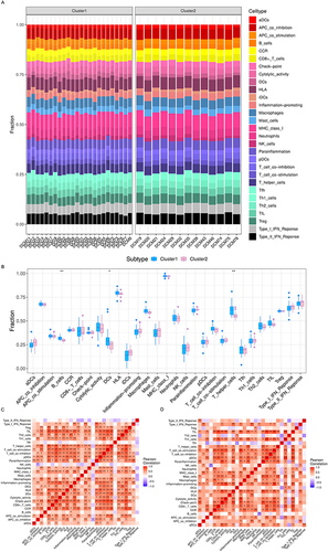 Figure 3 ssGSEA analysis of infiltrating immune cells between two clusters. (A) The difference of immune cells composition in each cluster; (B) the comparison of immune cells between the two clusters; (C and D) correlation matrix of immune cell proportions in cluster1(c) and cluster2(d). *p < 0.05, **p < 0.01.