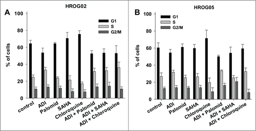 Figure 4. Cell cycle analysis of (A) HROG02 and (B) HROG05 cells. Cells were treated with ADI, selected drugs or combinations thereof for a total of 72 h. Read out was done by flow cytometry. Values are given as the mean % of cells ± SD of 3 separate experiments.