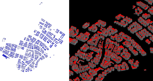 Figure 6 Case study area after photogrammetric measurements: 2D top-view (left) and 3D building volumes (right).