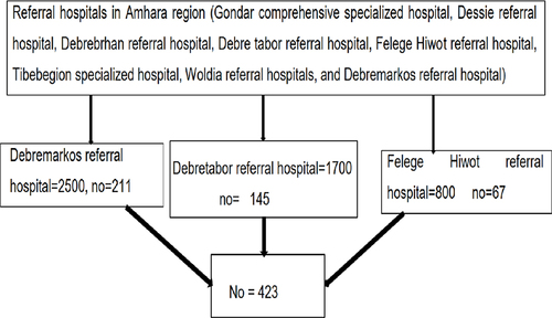 Figure 1 Sample size selection of study participants among hypertensive patients at three referral hospitals of Amhara region, Ethiopia 2021.