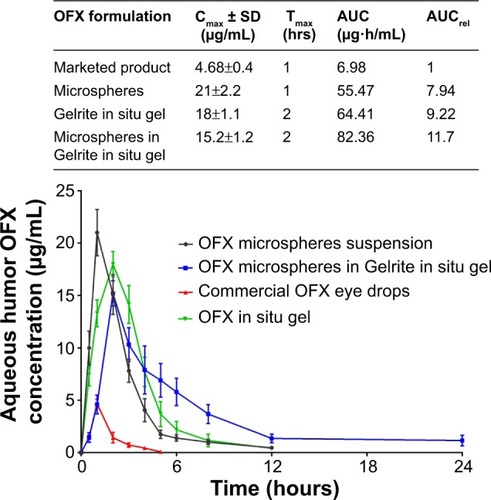 Figure 6 Concentration time profiles in aqueous humor of rabbits, following topical administration of different OFX formulations.