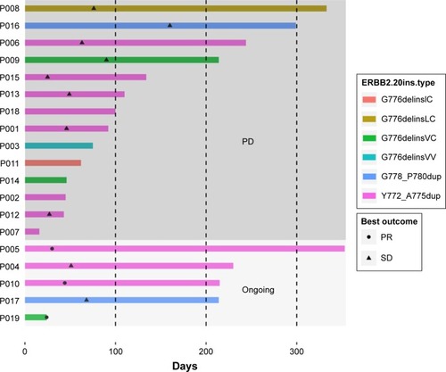 Figure 4 PFS information for each ERBB2 20ins patient treated with afatinib.