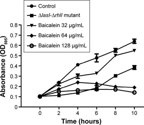 Figure 5 Effects of different concentrations of baicalein on the adhesion of Pseudomonas aeruginosa to an abiotic surface.