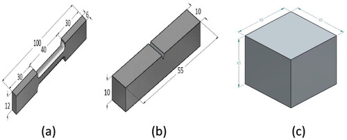 Figure 2. Standard tensile test specimen dimensions (in mm) (a) Tensile test specimen, (b) Impact test specimen, and (c) Hardness test specimen.