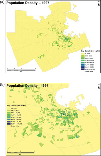 Figure 4. Population density of Greater Doha (per square kilometre) in 1997 (a) and a zoomed area around the City of Doha (b).