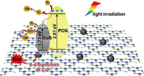 Figure 14 Schematic representation of the antibacterial mechanism of CuS/PCN composites under visible and laser light irradiation. Reprinted from J Hazard Mater. 393, Ding H, Han D, Han Y, et al. Visible light responsive CuS/protonated g-C3N4 heterostructure for rapid sterilization. 122423, Copyright 2020, with permission from Elsevier.Citation163