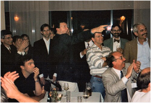 Figure 3. Participants of the 6th Erfurt Conference on Platelets watch on TV the match between England and Argentina during the Football World Championship 1998. Stan Heptinstall and Paul Harrison were pleased by the goal of the English team, but ….