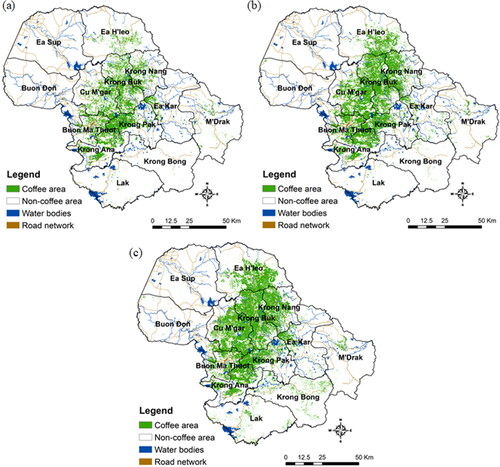 Figure 5. Spatial distributions of coffee cultivated areas in (a) 1995, (b) 2005, and (c) 2020.