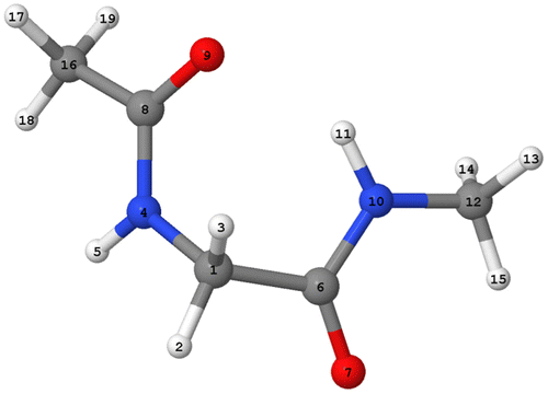 Figure 3. (Colour online) The global minimum geometry of peptide-capped glycine obtained at B3LYP/apc-1 level, with atomic labelling.