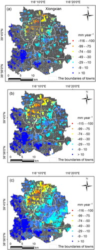 Figure 7. The deformation rates derived from Sentinel-1A images with different methods. (a) MCTSB-InSAR result, (b) CAESAR-InSAR result and (c) improved CAESAR-InSAR result.