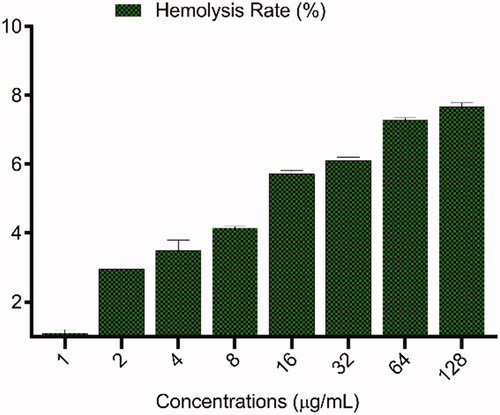 Figure 6. hBM-MSC cells growth in the exposure of serial concentration (1–128 μg/mL) of meropenem-loaded MSNs and free MSNs.