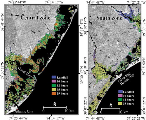 Figure 3. Surge persistence maps based on the commonality of synthetic aperture radar coverage for the central (a) and southern (b) zones (see Figure 1). Note the different compositions of surge persistence in each zone. The background is the COSMO image of 30 October 2012. See supplemental Figure S4 (a) for the northern zone.