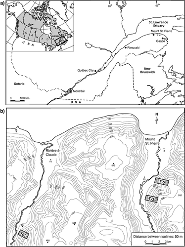 FIGURE 1. Location of a) the study area and b) stands T-5, T-3, and RC in the Mount St. Pierre and Rivière-à-Claude Valleys, northern Gaspé Peninsula (Québec). In a) weather stations Cap-Madeleine(○) and Grande-Vallée (x) are also located