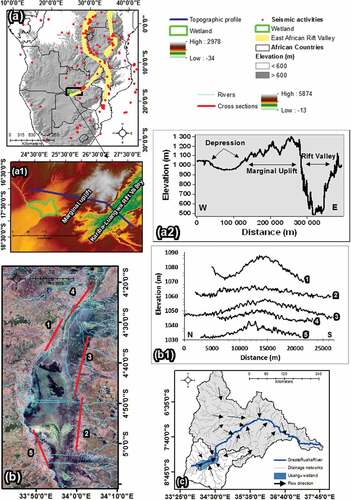 Figure 7. Wetland topographic characteristics, with (a) and (a1) showing topographic characteristics around the Upper Zambezi wetland and (a2) shows the elevation profile of the blue line in (a1). The LandsatLook images (16&23 September 2006) in (b) and graph (b1) shows the southern section of the Wembere wetland and the elevation profile of lines 1 to 5 in (b), and (c) shows drainage networks within the Usangu wetland and the Great Ruaha River Catchments.