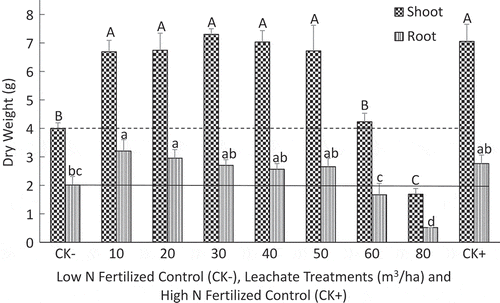 Figure 2. Effect of increasing leachate application rates on shoot and root dry matter yields per plant compared to low (2 mM N; CK−) and high (20 mM N; CK+) mineral N-fertilized controls of corn grown for 5 weeks in the greenhouse in 3.7 L pots filled with vermiculite and Turface calcined clay. The leachate contained 133 mg N/100 ml, 30 mg P/100 ml, and 315 mg K/100 ml, and the volume added per pot varied from the equivalent of 10 m3/ha (50 ml) to 80 m3/ha (400 ml). Dotted and black lines are, respectively, shoot and root yields obtained with the CK− treatment. Data are mean values of four replicates with one plant per pot. Means associated with the same capital or lowercase letter are not significantly different according to the LSD test (P < 0.05).