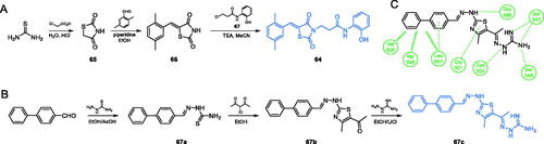 Scheme 15. (A) Synthesis of a potential GlcN-6-P synthase inhibitor, according to Bahare et al.Citation75 (B) Synthesis of GlcN-6-P synthase inhibitor, according to Omar et al.Citation76 (C) Predicted binding mode of 67c at the ISOM active site; H-bonds are shown by dashed lines; hydrophobic interactions are shown by wavy lines.