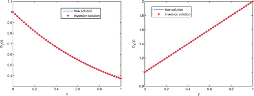 Figure 3. Reconstruction solution and true solution of DL(x) and DT(y) in Example 4.3.