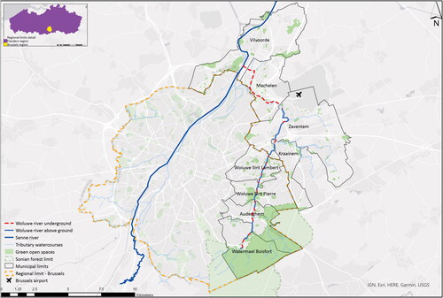 Figure 1. Green open spaces, rivers and Woluwe’s surface status across the case study’s municipalities.