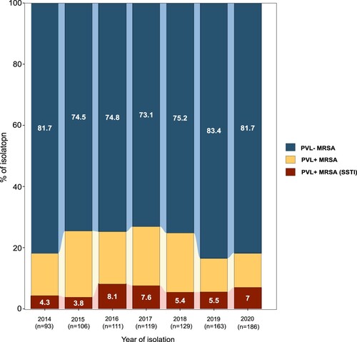 Figure 1. Annual proportions of PVL-positive and PVL-negative methicillin-resistant Staphylococcus aureus (MRSA) from 2014 to 2020.