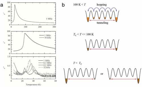 Figure 4. Dielectric measurements on a single-molecule dipole[Citation43]. (a) Temperature dependence of the dielectric permittivity of [Li@C60](PF6) single crystals. (b) Schematic of the motion of the Li atom. At T > 100 K, both hopping and tunneling motion of the Li atom occur. At T < 100 K, the hopping motion is suppressed. Below TC, the tunneling motion is suppressed.