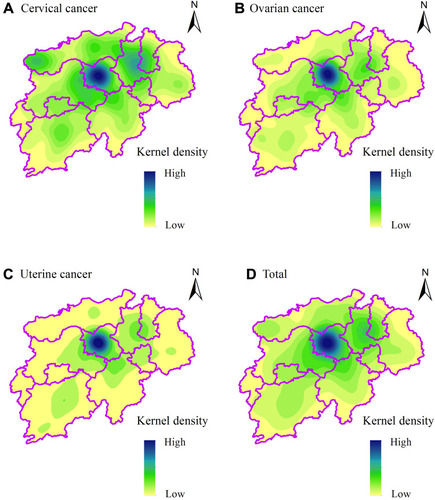 Figure 4 Estimation map of the spatial distribution of kernel density in patients with gynecological cancer in northern Jiangxi Province.